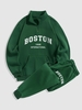 Ensemble de Sweat-shirt à Lettre BOSTON Brodée Zippé Doublure en Molleton et Pantalon de Jogging Taille unique Vert profond