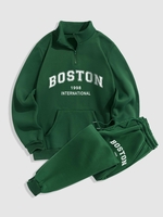 Ensemble de Sweat-shirt à Lettre BOSTON Brodée Zippé Doublure en Molleton et Pantalon de Jogging Taille unique Vert profond