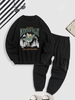 Ensemble de Sweat-shirt Aigle Graphique et Pantalon Cargo de Jogging avec Poches à Cordon Taille unique Noir