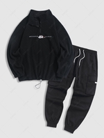 Ensemble de Sweat-shirt Bicolore Lettre Brodée en Laine et de Pantalon Cargo Taille unique Noir