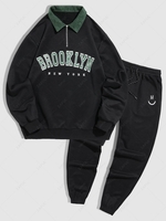 Ensemble de Sweat-shirt BROOKLYN Vintage avec Demi-Zip en Velours Côtelé et Pantalon de Jogging Streetwear Taille unique Noir