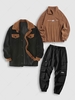 Ensemble de Sweat-shirt Décontracté Lettre et Montagne Brodée en Laine et de Pantalon de Jogging 3 Pièces Taille unique Café