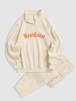 Ensemble de Sweat-shirt Lettre Brodée à Demi-Zip et de Pantalon à Pieds Polaire Taille unique Café lumière