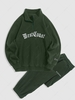 Ensemble de Sweat-shirt Lettre Brodée à Demi-Zip et de Pantalon à Pieds Polaire Taille unique Vert profond