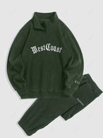 Ensemble de Sweat-shirt Lettre Brodée à Demi-Zip et de Pantalon à Pieds Polaire Taille unique Vert profond