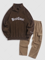 Ensemble de Sweat-shirt Lettre Brodée à Demi-Zip et de Pantalon Cargo Taille unique Café profond