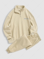 Ensemble de Sweat-shirt Lettre Brodée à Demi-Zip et de Pantalon de Survêtement Taille unique Café lumière