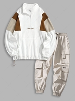 Ensemble de Sweat-shirt Lettre Brodée en Blocs de Couleurs à Demi-Zip et Pantalon Cargo de Jogging de Techwear Taille unique Multi a