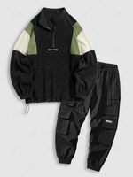 Ensemble de Sweat-shirt Lettre Brodée en Blocs de Couleurs à Demi-Zip et Pantalon de Jogging Cargo avec Poche de Techwear Taille unique Noir