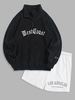 Ensemble de Sweat-shirt Lettre Brodée en Laine à Demi-Zip et de Short à Cordon Taille unique Noir