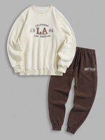 Ensemble de Sweat-shirt Lettre Brodée Fourrée en Laine et de Pantalon de Survêtement Taille unique Café lumière