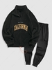 Ensemble de Sweat-shirt Lettre Brodée Zippé à Côté en Laine avec Pantalon de Jogging Cargo Contrasté Taille unique Noir