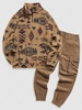 Ensemble de Sweat-shirt Zippé à Imprimé Ethnique en Fausse Velours Côtelé et de Pantalon Cargo Taille unique Café