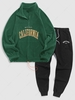Ensemble de Sweat-shirt Zippé Brodé en Laine et de Pantalon de Jogging Deux Pièces Taille unique Vert profond