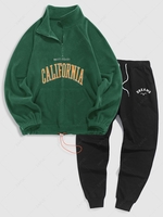 Ensemble de Sweat-shirt Zippé Brodé en Laine et de Pantalon de Jogging Deux Pièces Taille unique Vert profond