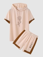 Ensemble de T-shirt à Capuche à Imprimé Rose en Couleur Jointive et de Short à Cordon Taille unique Café lumière