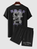 Ensemble de T-shirt à Imprimé Dragon Tokyo à Manches Courtes et Short à Poche Taille unique Noir