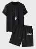 Ensemble de T-shirt à Imprimé Lettre Astronaute à Manches Courtes et de Short à Cordon Taille unique Noir