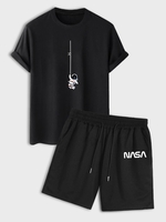 Ensemble de T-shirt à Imprimé Lettre Astronaute à Manches Courtes et de Short à Cordon Taille unique Noir