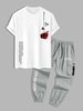 Ensemble de T-shirt à Imprimé Lettre Graphique Rose Bouclé Contrastant à Manches Courtes et Pantalon Cargo Taille unique Blanc