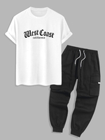 Ensemble de T-shirt à Imprimé Lettre West Coast California Graphique et Pantalon Cargo à Cordon Taille unique Blanc