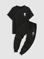 Ensemble de T-shirt à Imprimé Rose à Manches Courtes et de Pantalon de Survêtement Taille unique Noir