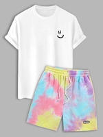 Ensemble de T-shirt à Imprimé Visage en Sourire à Manches Courtes et de Short Teinté Taille unique