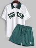 Ensemble de T-shirt à Lettre BOSTON Brodée en Velours Côtelé et de Short Taille unique Vert profond