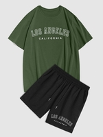Ensemble de T-shirt à Lettre LOS ANGELES et Short à Cordon L Vert profond