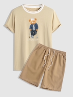 Ensemble de T-shirt à Manches Courtes à Imprimé Ours avec Short Décontracté de Base Taille unique Café lumière