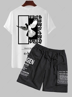 Ensemble de T-shirt Aigle Rose Lettre Graphique à Manches Courtes et de Short Cargo Taille unique Noir