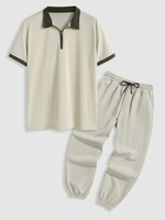 Ensemble de T-shirt Bloc de Couleur à 1 / 4 Zip à Col Polo et Pantalon de Jogging à Cordon Taille unique Vert clair