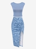 Ensemble de T-shirt Court à Mancherons et de Jupe Asymétrique Taille unique Bleu clair