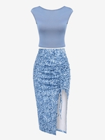 Ensemble de T-shirt Court à Mancherons et de Jupe Asymétrique Taille unique Bleu clair