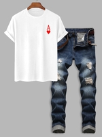 Ensemble de T-shirt Cœur Ligne A Déchiré en Coton et Jean Deux Pièces Taille unique Blanc