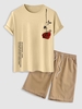 Ensemble de T-shirt Décontracté à Imprimé Lettre Graphique Rose à Manches Courtes et de Short de Base de Couleur Unie Taille unique Café lumièr