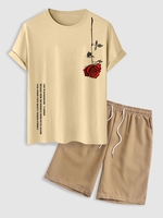 Ensemble de T-shirt Décontracté à Imprimé Lettre Graphique Rose à Manches Courtes et de Short de Base de Couleur Unie Taille unique Café lumièr