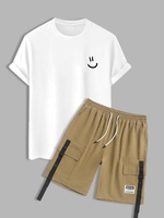 Ensemble de T-shirt de Base Lettre Visage en Sourire Design avec Short Cargo Patch Taille unique Blanc