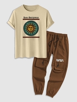 Ensemble de T-shirt Ethnique Motif de Soleil et Pantalon Cargo à Pieds Etroits à Cordon Taille unique Café