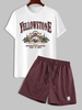 Ensemble de T Shirt Motif de Caractère YELLOWSTONE NATIONAL PARK et Short Décontracté Taille unique Rouge foncé