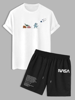 Ensemble de T-shirt Motif de Dinosaure Dessin Animé à Manches Courtes et de Short à Cordon Taille unique Blanc