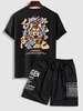 Ensemble de T-shirt Oriental Motif de Slogan POWERFUL et Short Cargo Taille unique Noir