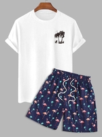 Ensemble de T-shirt Palmier Noix de Coco et de Short de Vacances à Imprimé Flamant Deux Pièces Taille unique Blanc