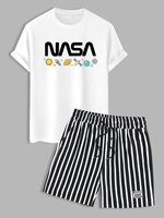 Ensemble de T-shirt Planète à Manches Courtes et de Short Rayé Bicolore Taille unique Blanc