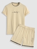 Ensemble de T-shirt Rayé Contrasté à Imprimé Lettre et de Short de Survêtement Taille unique Café lumière