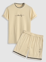 Ensemble de T-shirt Rayé Contrasté à Imprimé Lettre et de Short de Survêtement Taille unique Café lumière