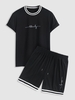 Ensemble de T-shirt Rayé Contrasté à Imprimé Lettre et de Short de Survêtement Taille unique Noir