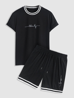 Ensemble de T-shirt Rayé Contrasté à Imprimé Lettre et de Short de Survêtement Taille unique Noir