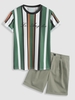 Ensemble de T-shirt Rayé Plissé à Imprimé Lettre Los Angeles et de Short Texturé en Coton et Lin Taille unique Vert