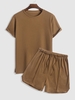Ensemble de T-shirt Texturé à Fente Latérale à Manches Courtes et de Short à Cordon Taille unique Café
